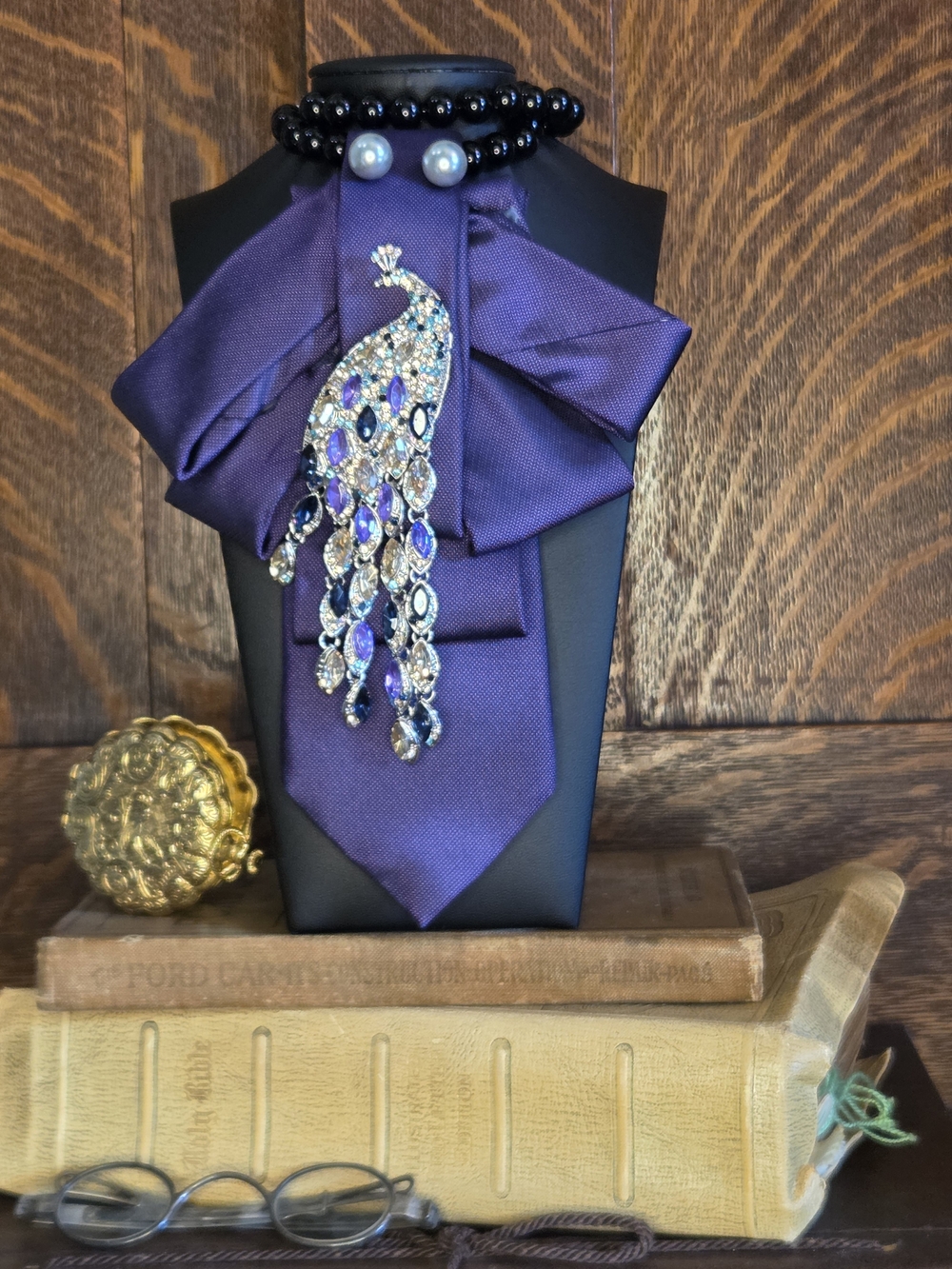 Deep Purple Satin Neck Tie with Crystal Peacock Brooch